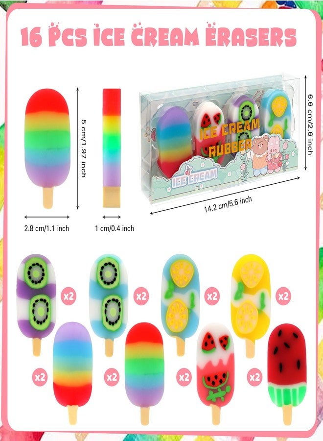 KINYFY 16 Pcs Ice Cream Erasers, Fruit Ice Cream Erasers for Kids, Cute Fruit Pencil Eraser for Classroom Prizes, Gifts Supplies, Back to School Party Favors - Image 2